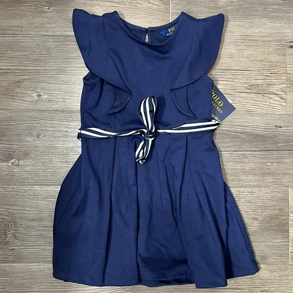 NWT Polo Ralph Lauren Ruffle Sleeve Navy Dress 4/4T - Picture 1 of 7